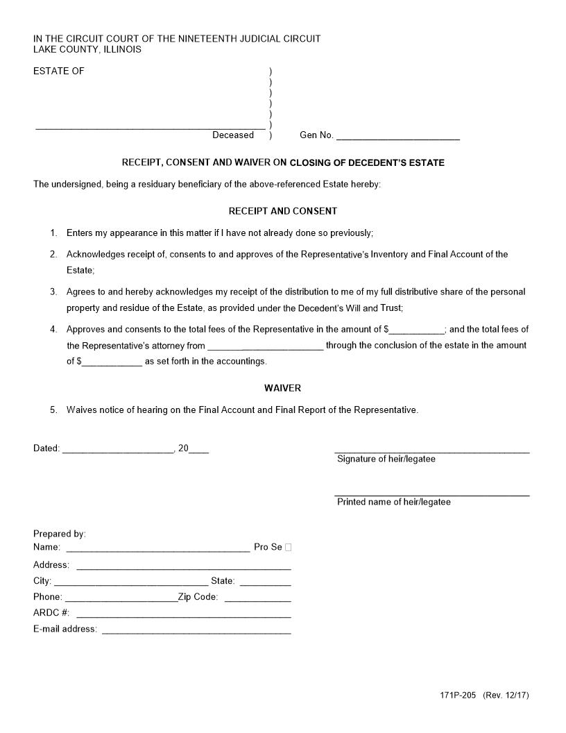 Receipt Consent And Waiver On Closing Of Decedents Estate {171P-205} | Pdf Fpdf Docx | Illinois