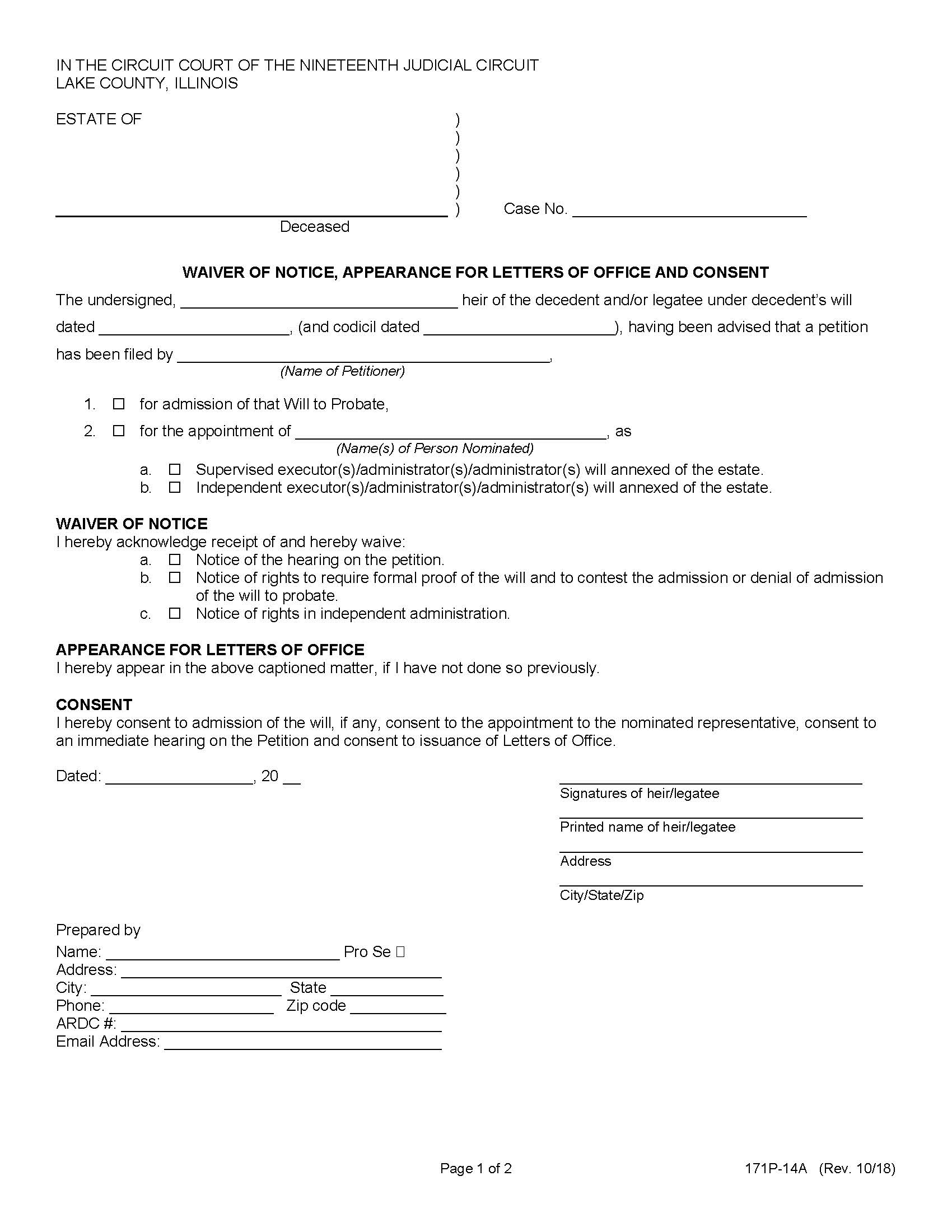 Waiver Of Notice Appearance For Letters Of Office And Consent {171P-14A} | Pdf Fpdf Doc Docx | Illinois