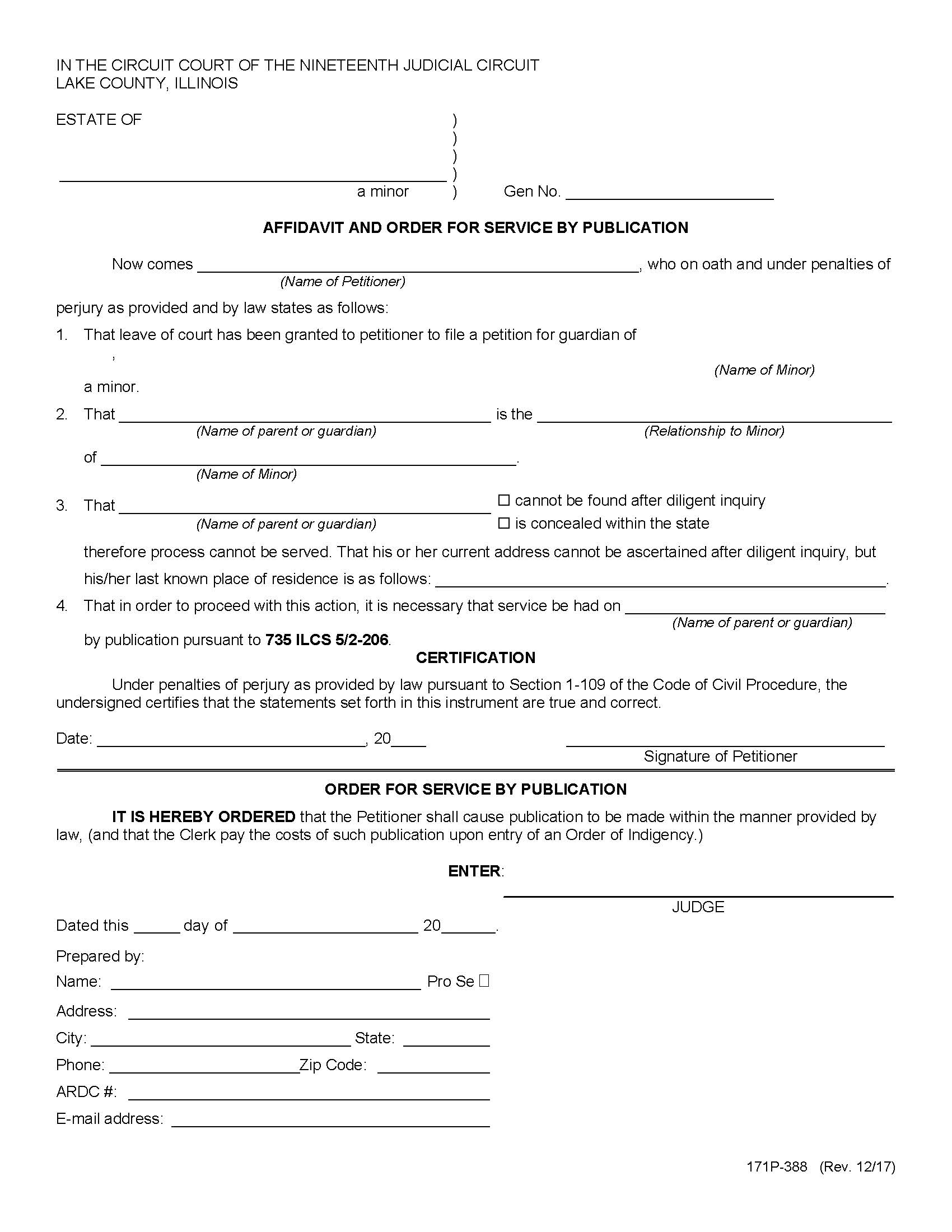 Affidavit And Order For Service By Publication {171P-388} | Pdf Fpdf Doc Docx | Illinois