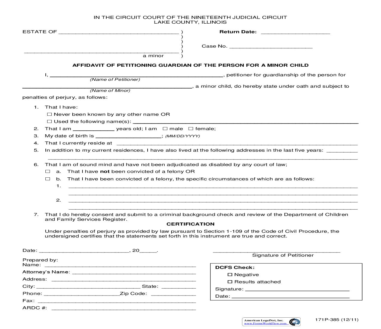 Affidavit Of Petitioning Guardian Of The Person For Minor Child {171P-385} | Pdf Fpdf Doc Docx | Illinois
