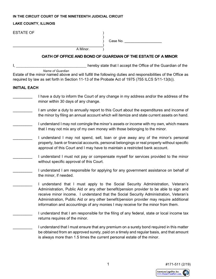 Oath Of Office And Bond Guardian Of Estate Of Minor {171-511} | Pdf Fpdf Docx | Illinois