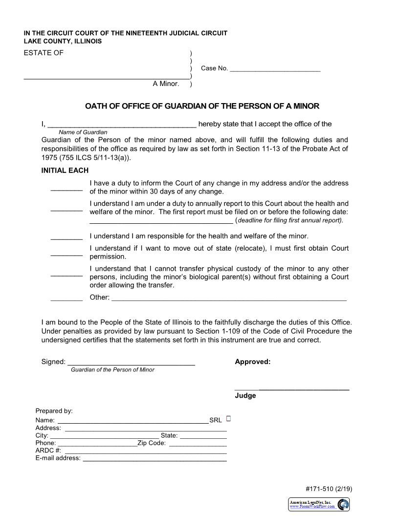 Oath Of Office Of Guardian Of Person Of Minor {171-510} | Pdf Fpdf Docx | Illinois