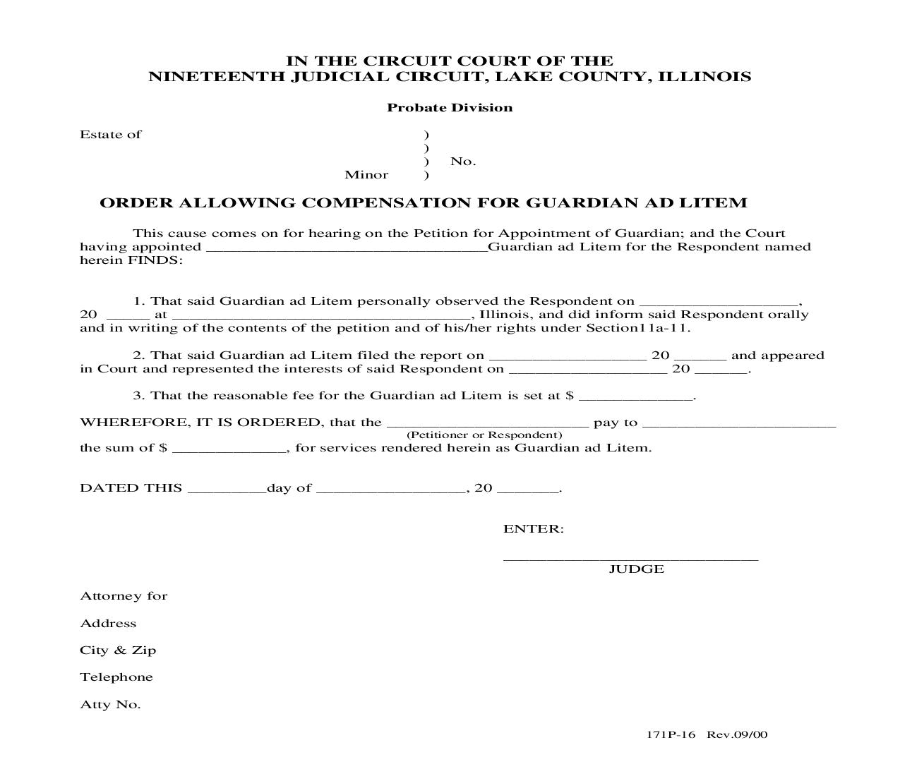 Order Allowing Compensation For Guardian Ad Litem {171P-16} | Pdf Fpdf Doc Docx | Illinois