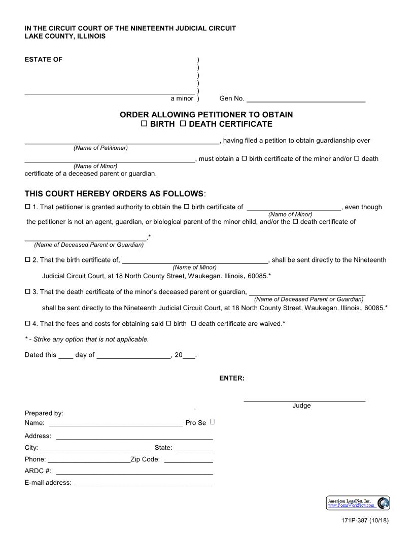Order Allowing Petitioner To Obtain Birth Or Death Certificate {171P-387} | Pdf Fpdf Docx | Illinois