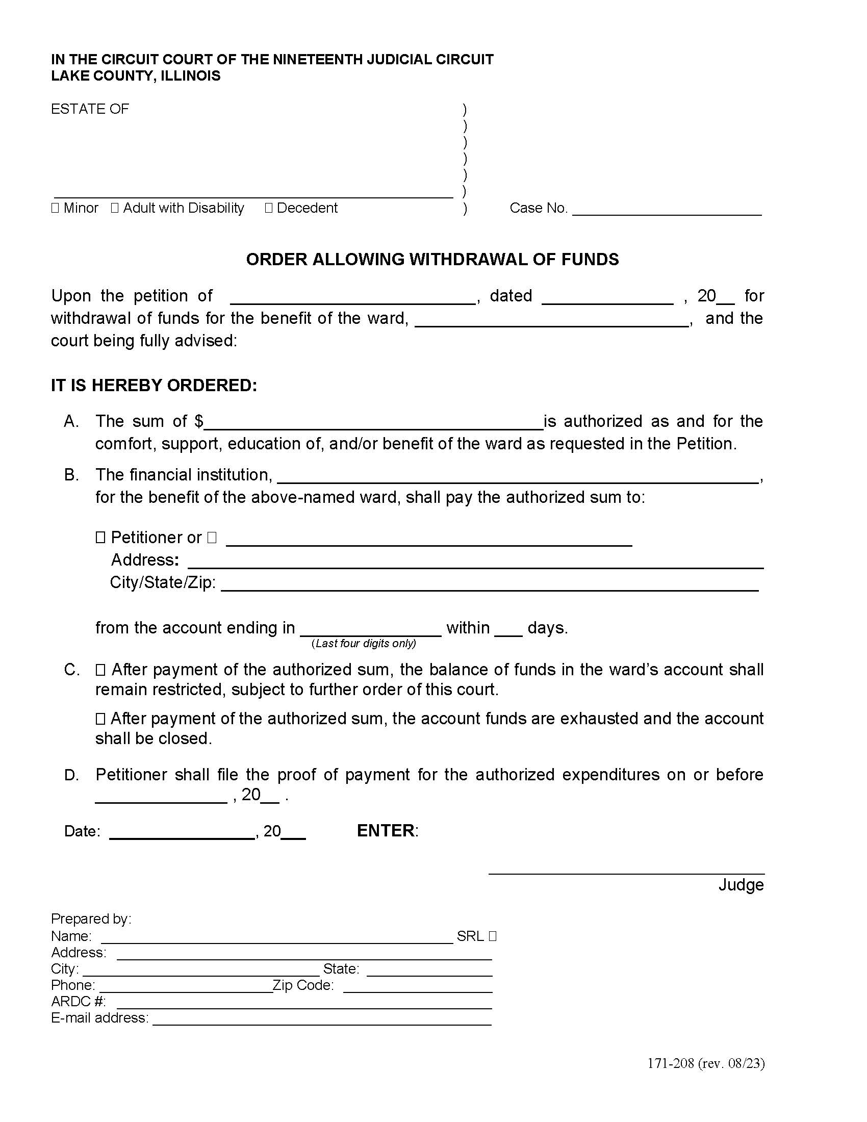 Order Allowing Withdrawal Of Funds {171-208} | Pdf Fpdf Doc Docx | Illinois