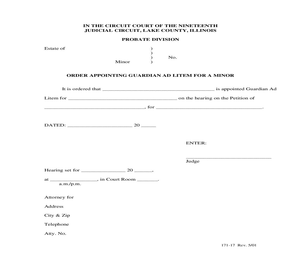 Order Appointing Guardian Ad Litem For A Minor {171-17} | Pdf Fpdf Doc Docx | Illinois