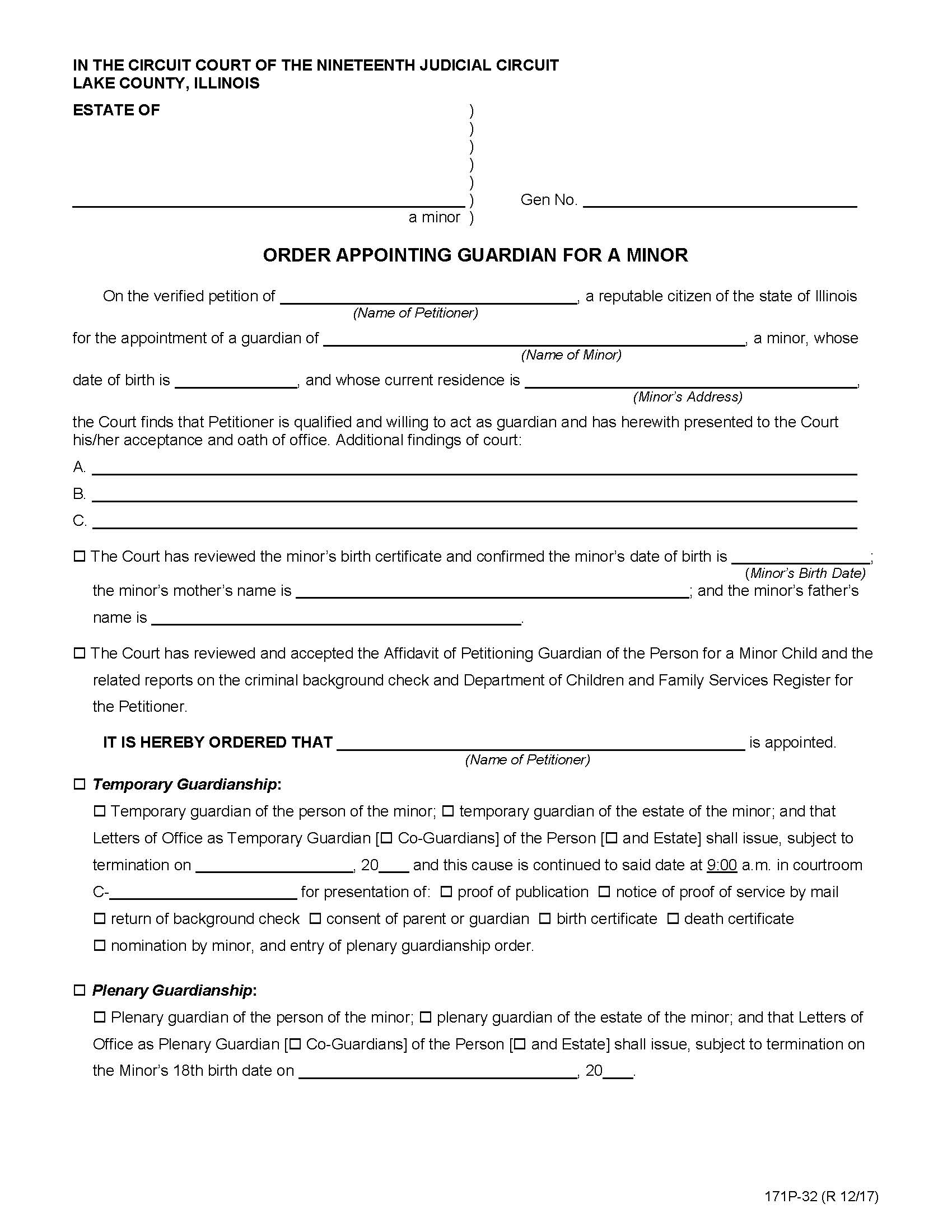 Order Appointing Guardian For A Minor {171P-32} | Pdf Fpdf Doc Docx | Illinois