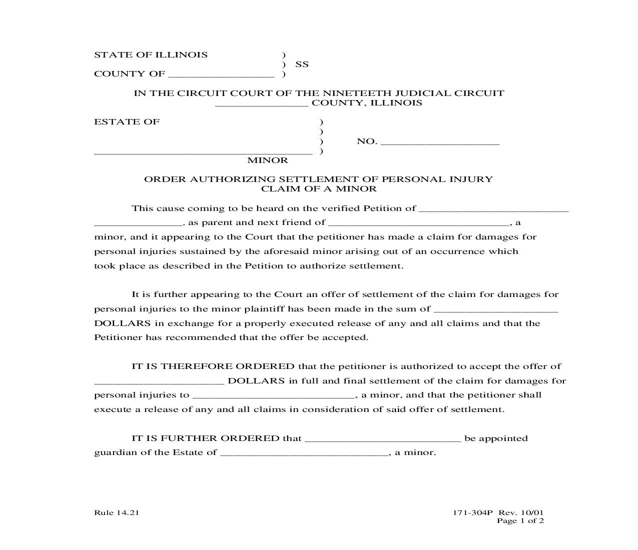 Order Authorizing Settlement Of Personal Injury Claim Of Minor | Pdf Fpdf Doc Docx | Illinois