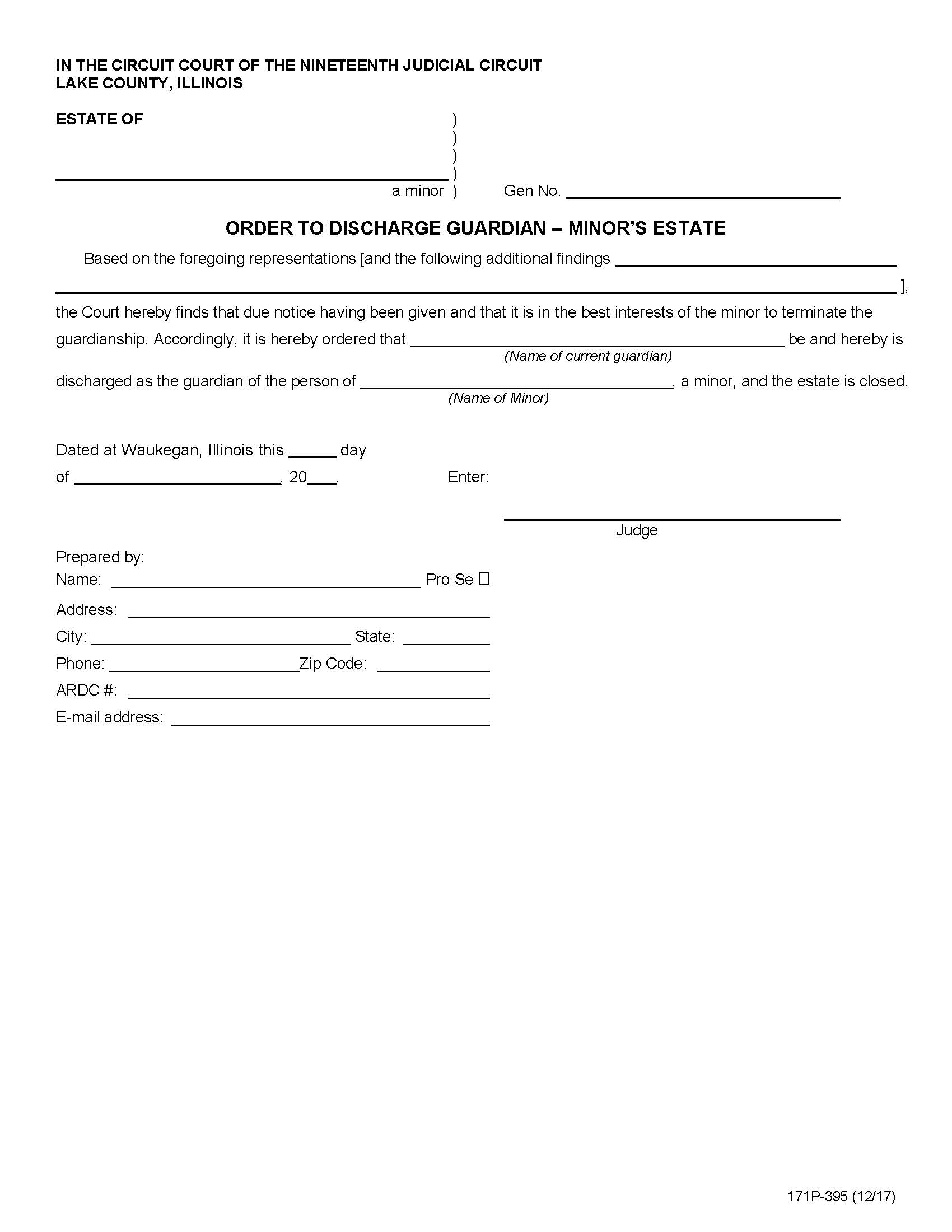 Order To Discharge Guardian Minors Estate {171P-395} | Pdf Fpdf Doc Docx | Illinois