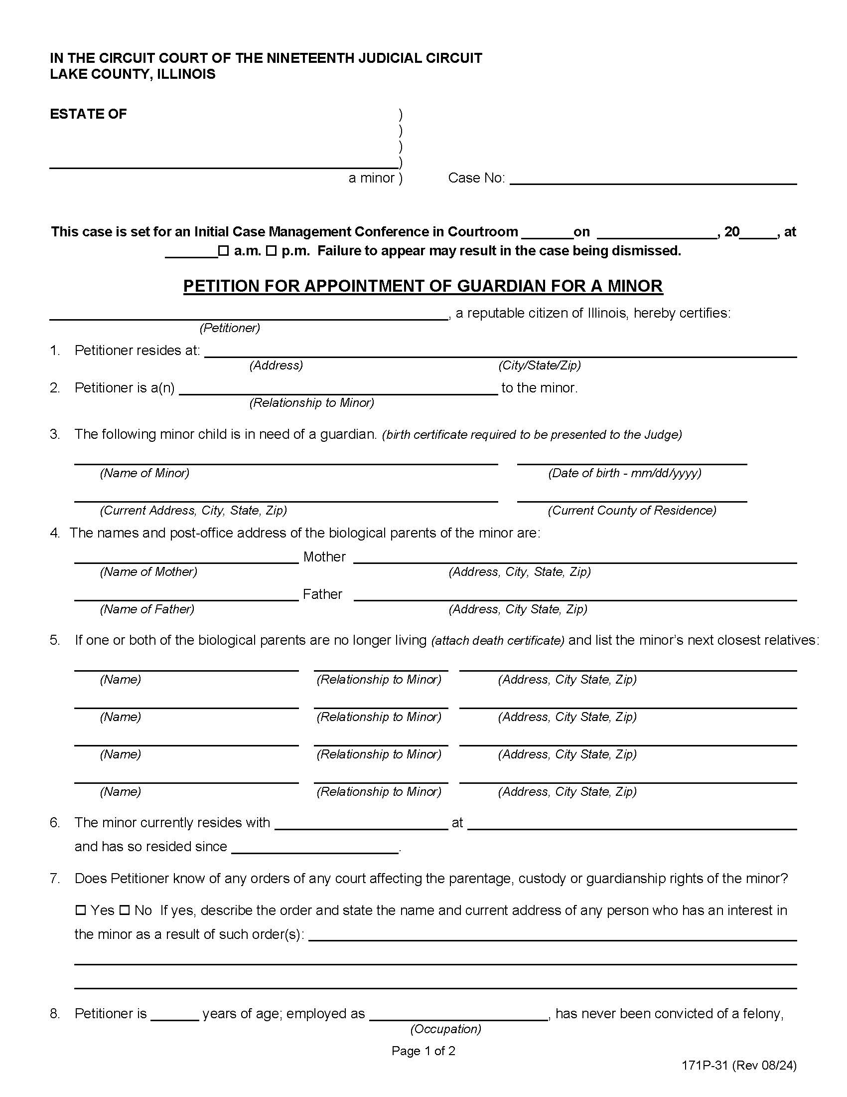 Petition For Appointment Of Guardian For A Minor {171P-31} | Pdf Fpdf Doc Docx | Illinois