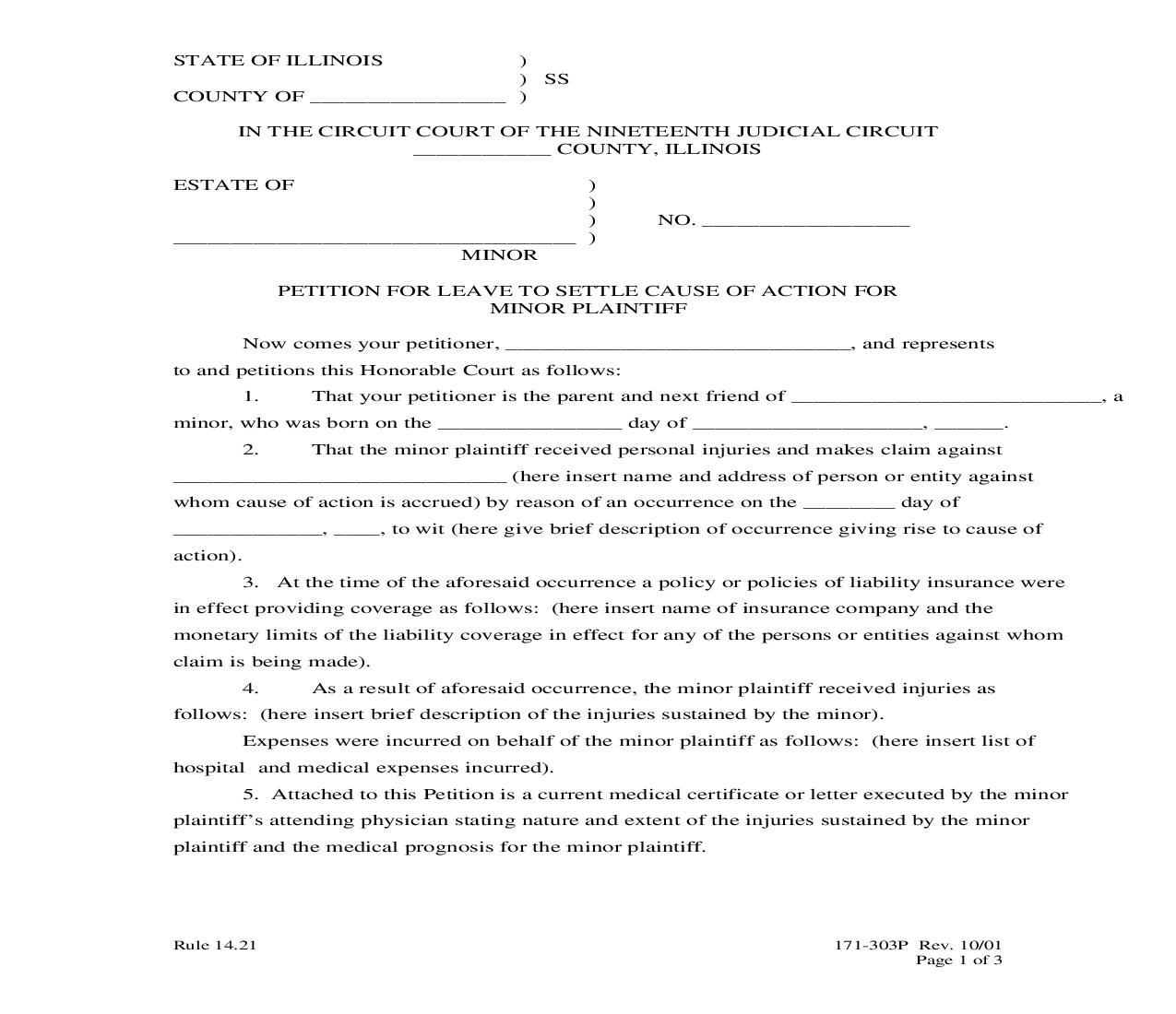 Petition For Leave To Settle Cause Of Action For Minor Plaintiff | Pdf Fpdf Doc Docx | Illinois
