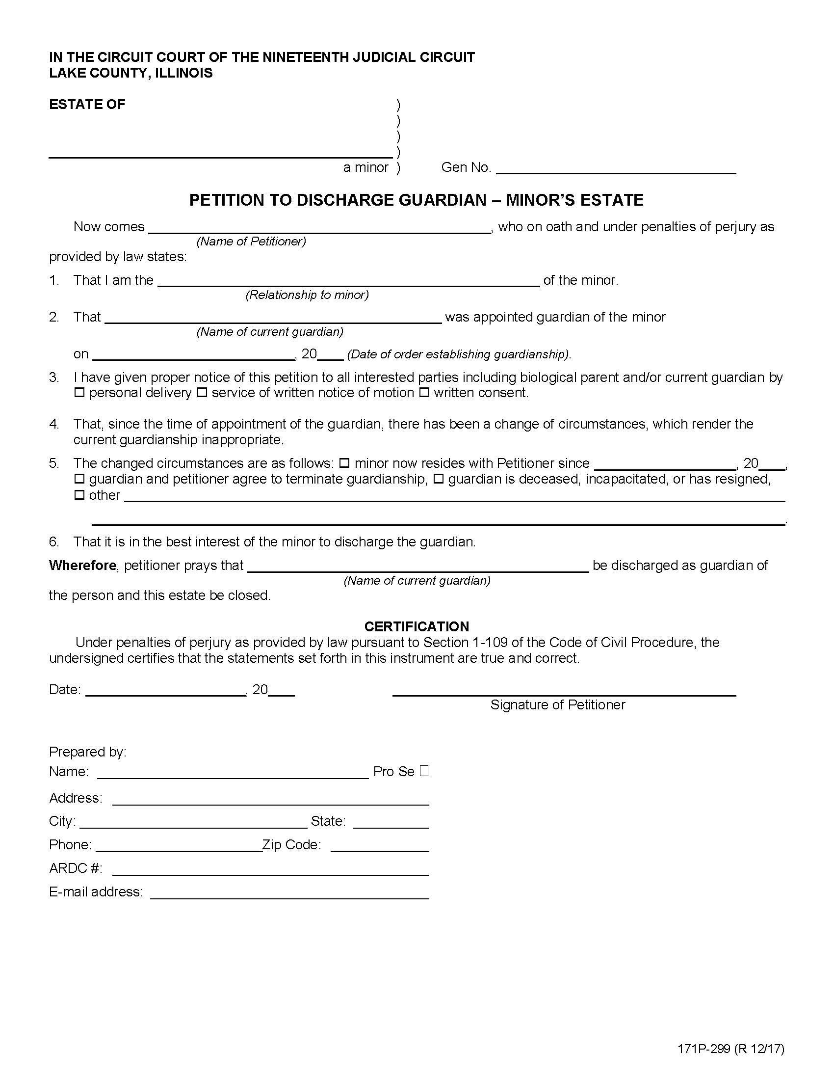 Petition To Discharge Guardian Minors Estate {171P-299} | Pdf Fpdf Doc Docx | Illinois