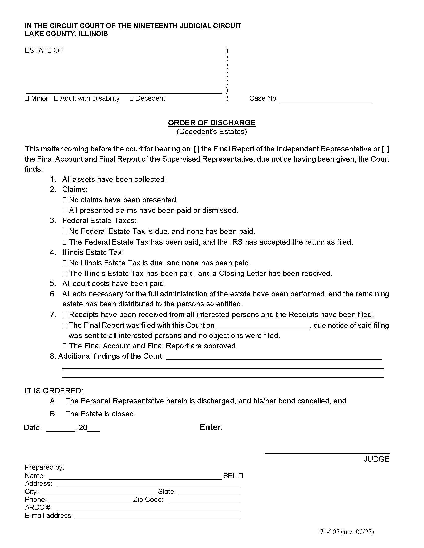 Order Of Discharge {171-207} | Pdf Fpdf Doc Docx | Illinois