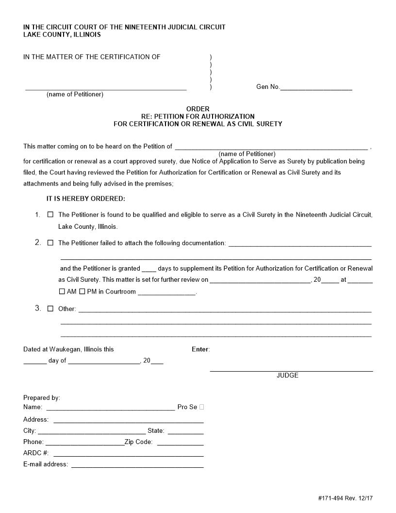 Order Re Petitition Authorization For Certification-Renewal As Civil Surety {171-494} | Pdf Fpdf Docx | Illinois