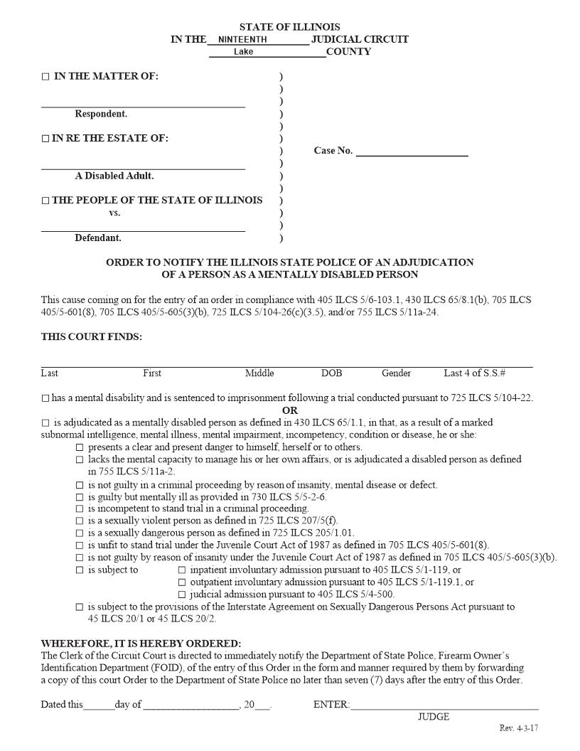 Order To Notify State Police Adjudication Of Person As Mentally Disabled | Pdf Fpdf Docx | Illinois