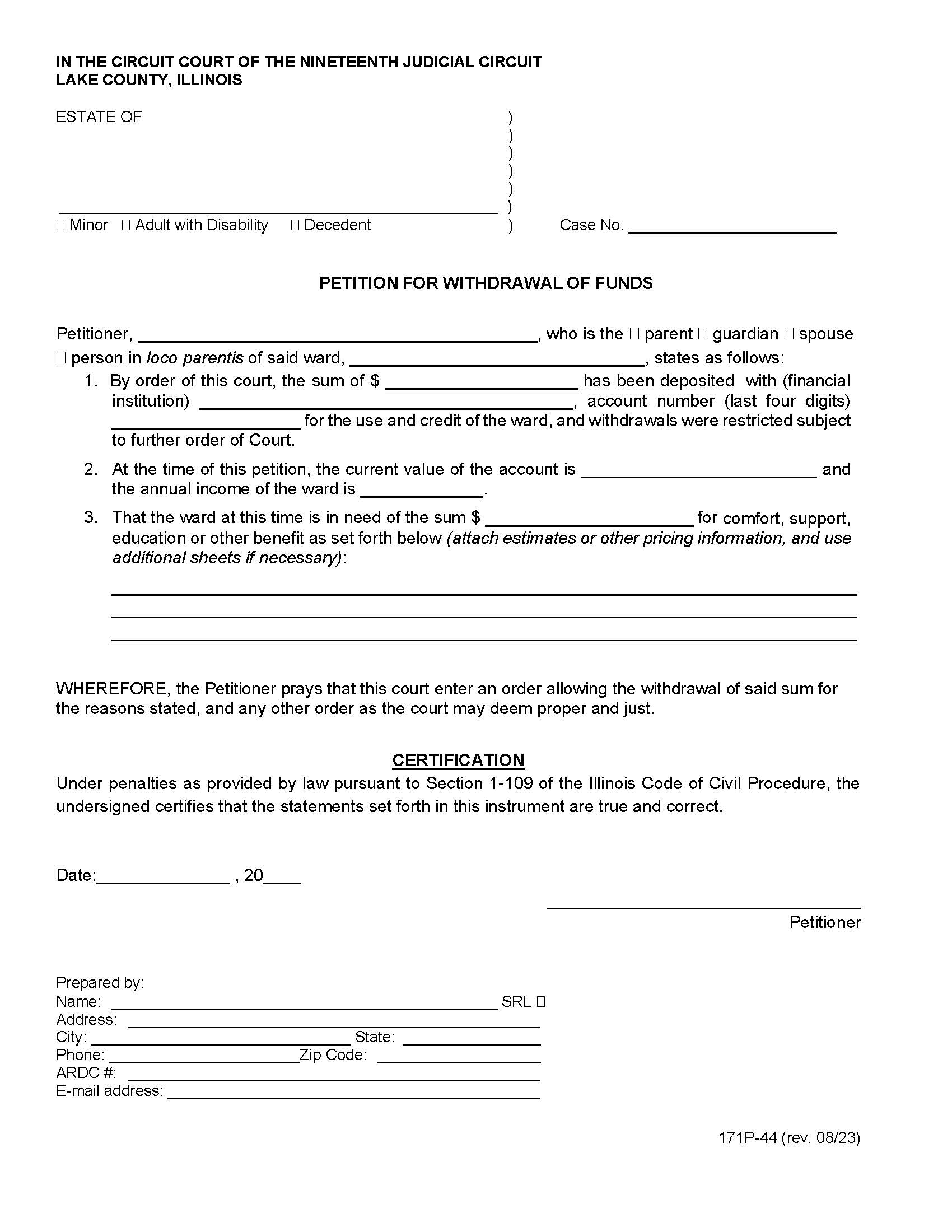 Petition For Withdrawal Of Funds {171P-44} | Pdf Fpdf Doc Docx | Illinois