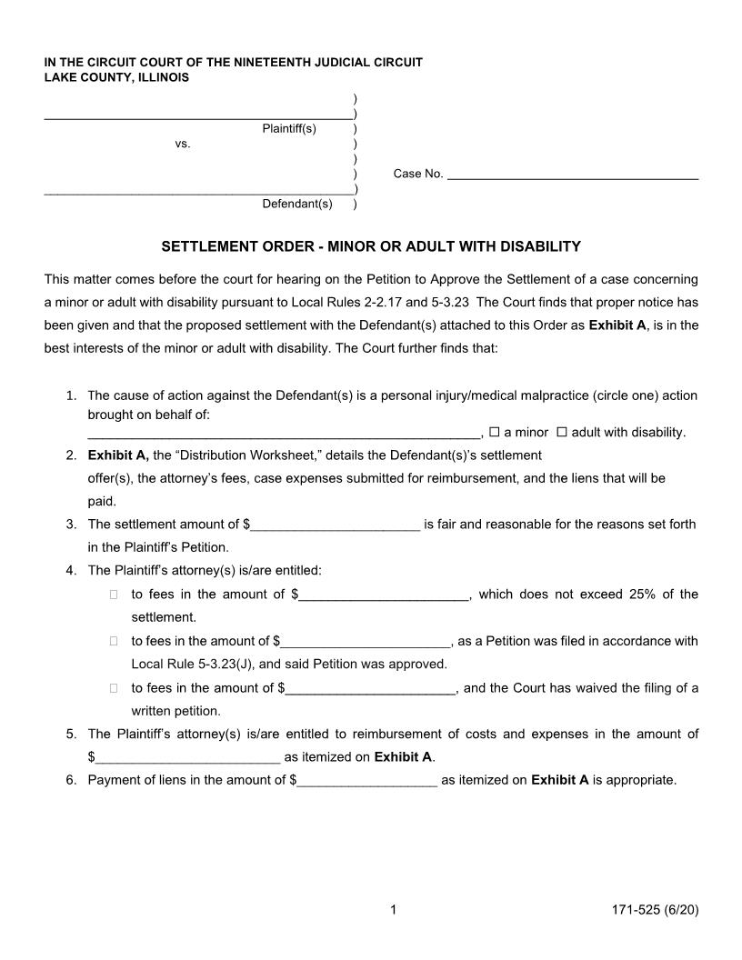 Settlement Order (Personal Injury) - Minor Or Adult With Disability | Pdf Fpdf Docx | Illinois