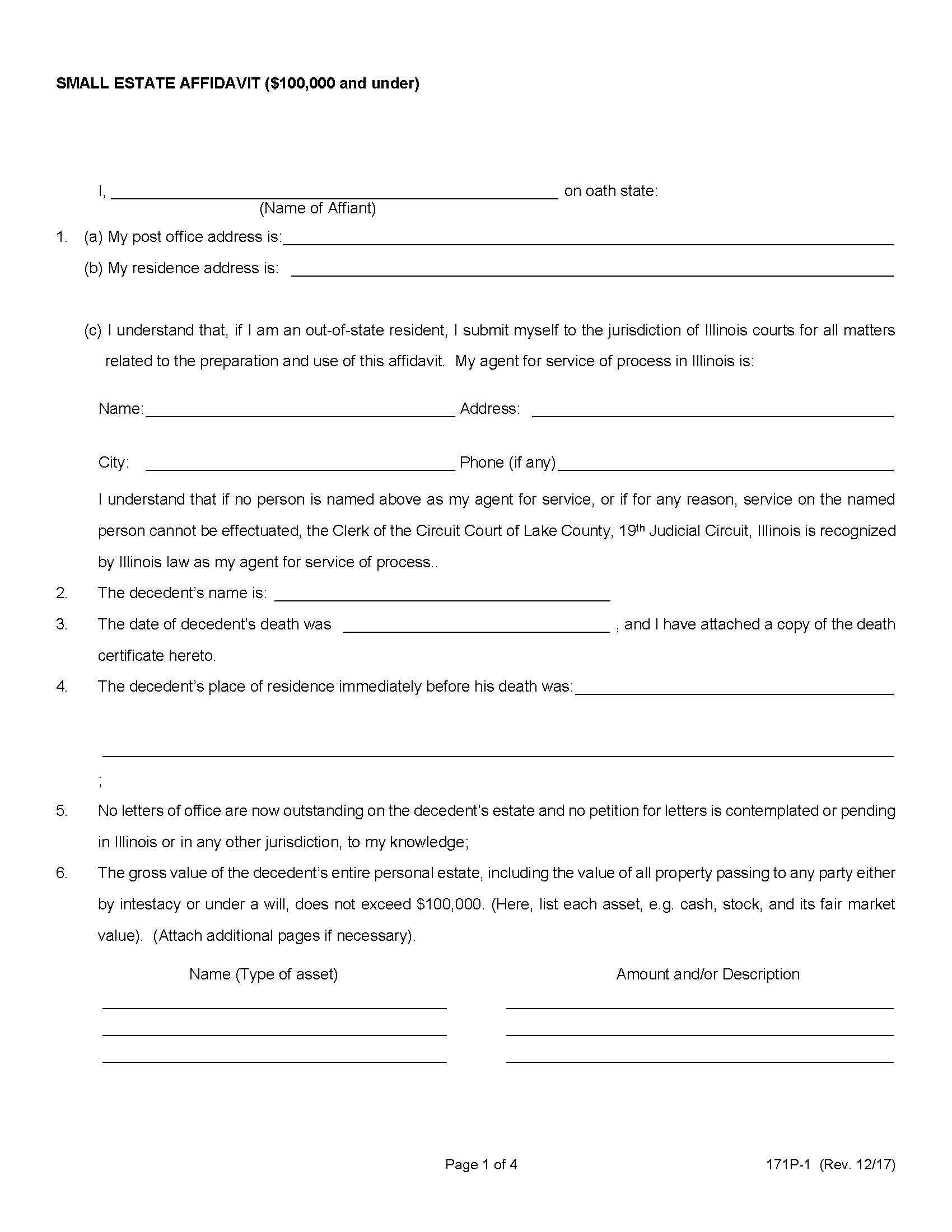 Small Estate Affidavit {171P-1} | Pdf Fpdf Doc Docx | Illinois