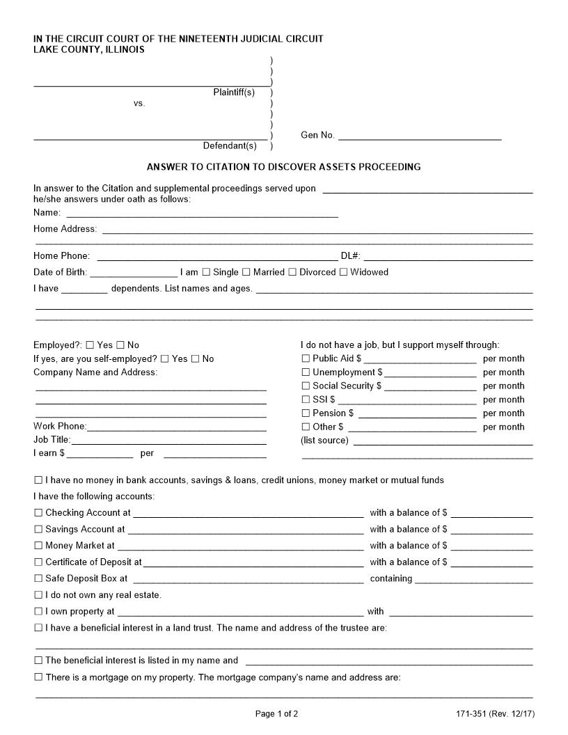 Answer To Citation To Discover Assets Proceeding {171-351} | Pdf Fpdf Doc Docx | Illinois