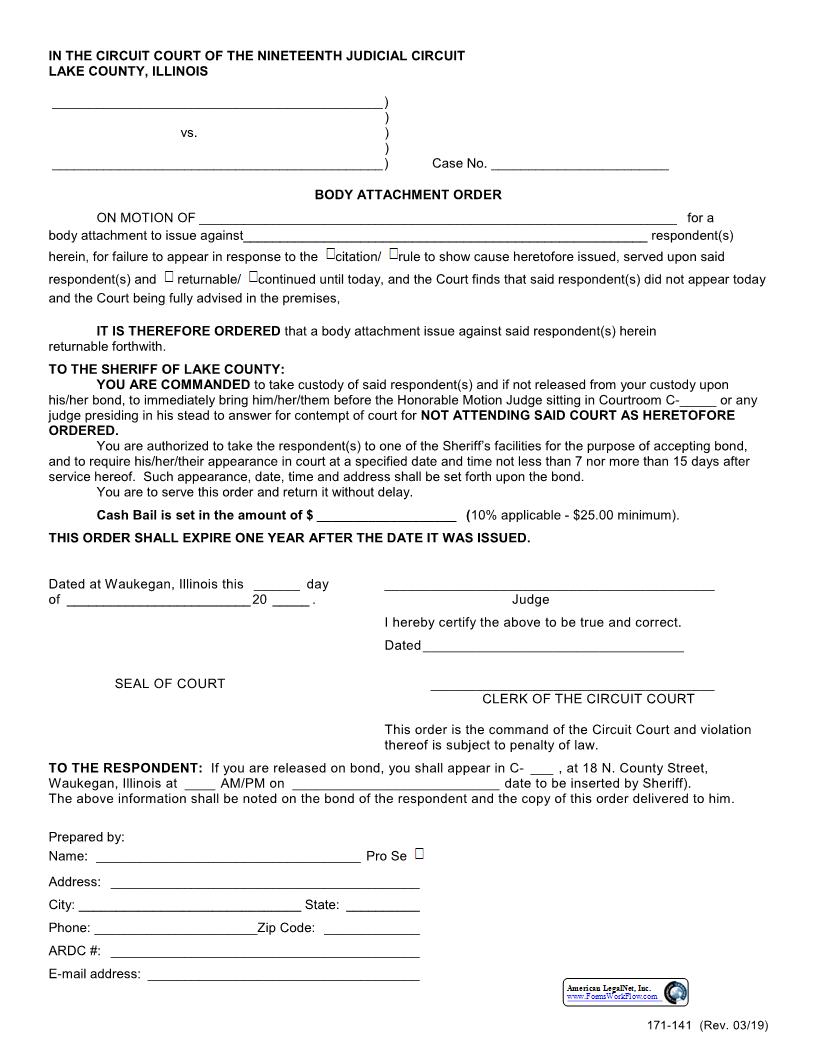 Body Attachment Order {171-141} | Pdf Fpdf Docx | Illinois