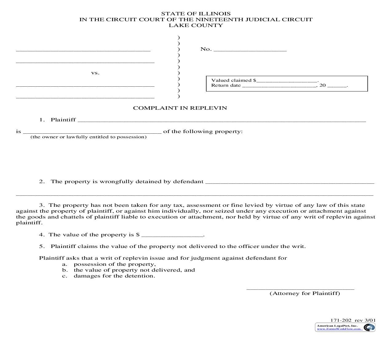 Complaint In Replevin {171-202} | Pdf Fpdf Doc Docx | Illinois