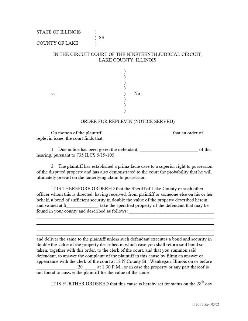 Order For Replevin (Notice Served) {171-171} | Pdf Fpdf Docx | Illinois