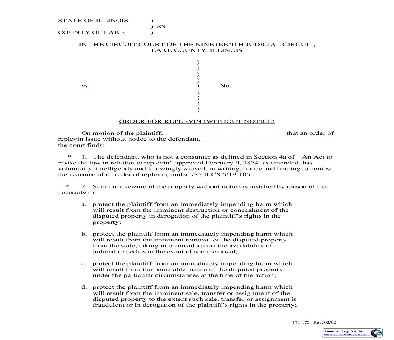 Order For Replevin (Without Notice) {171-170} | Pdf Fpdf Doc Docx | Illinois