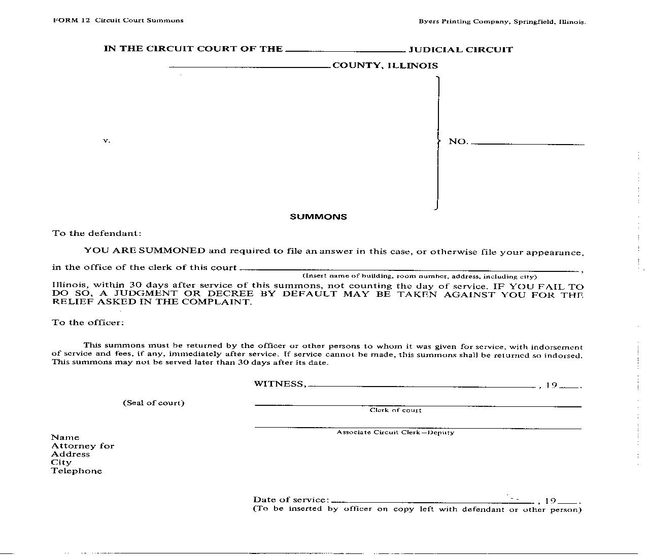Circuit Court Summons (30 Day) {12} | Pdf Fpdf Doc Docx | Illinois