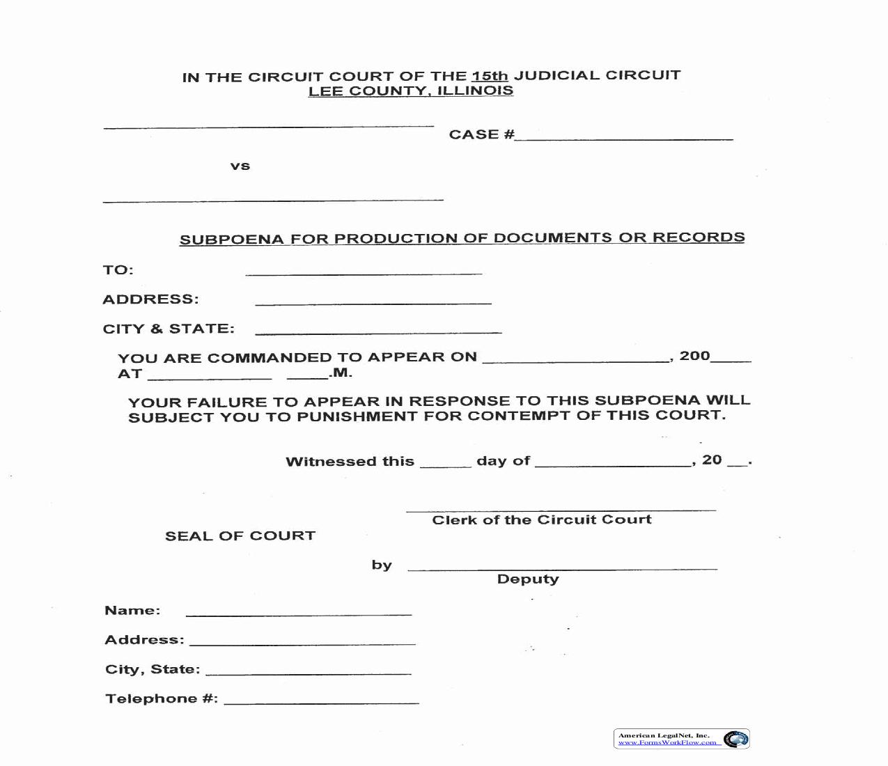 Subpoena For Production Of Documents Or Records | Pdf Fpdf Doc Docx | Illinois
