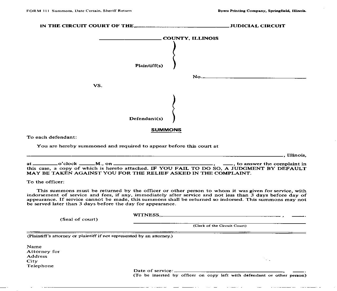 Summons Date Certain Sheriff Return {111} | Pdf Fpdf Doc Docx | Illinois