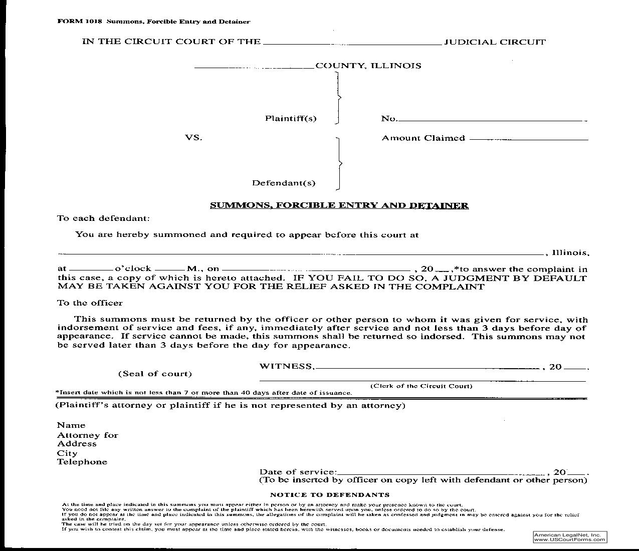 Summons-Forcible Entry And Detainer {1018} | Pdf Fpdf Doc Docx | Illinois