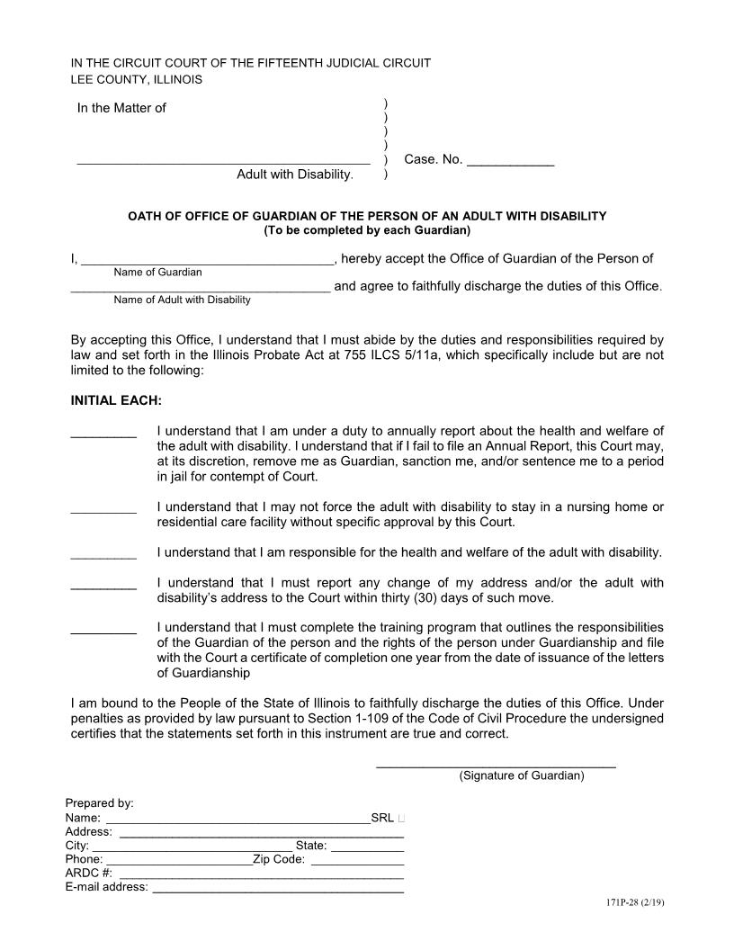 Oath Of Office Of Guardian Of The Person Of An Adult With Disability | Pdf Fpdf Docx | Illinois