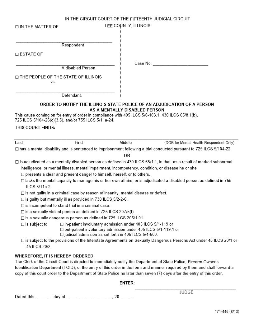 Order To Notify State Police Adjudication Of Mentally Disabled Person | Pdf Fpdf Docx | Illinois