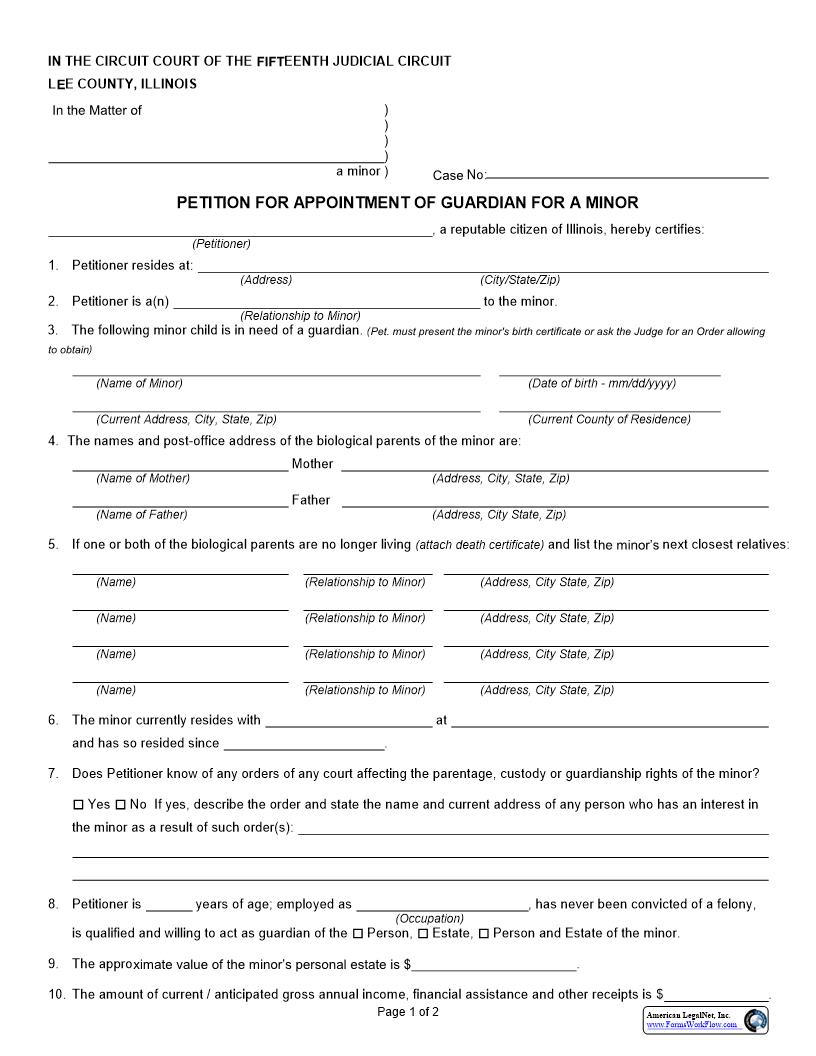 Petition For Appointment Of Guardian For A Minor | Pdf Fpdf Docx | Illinois