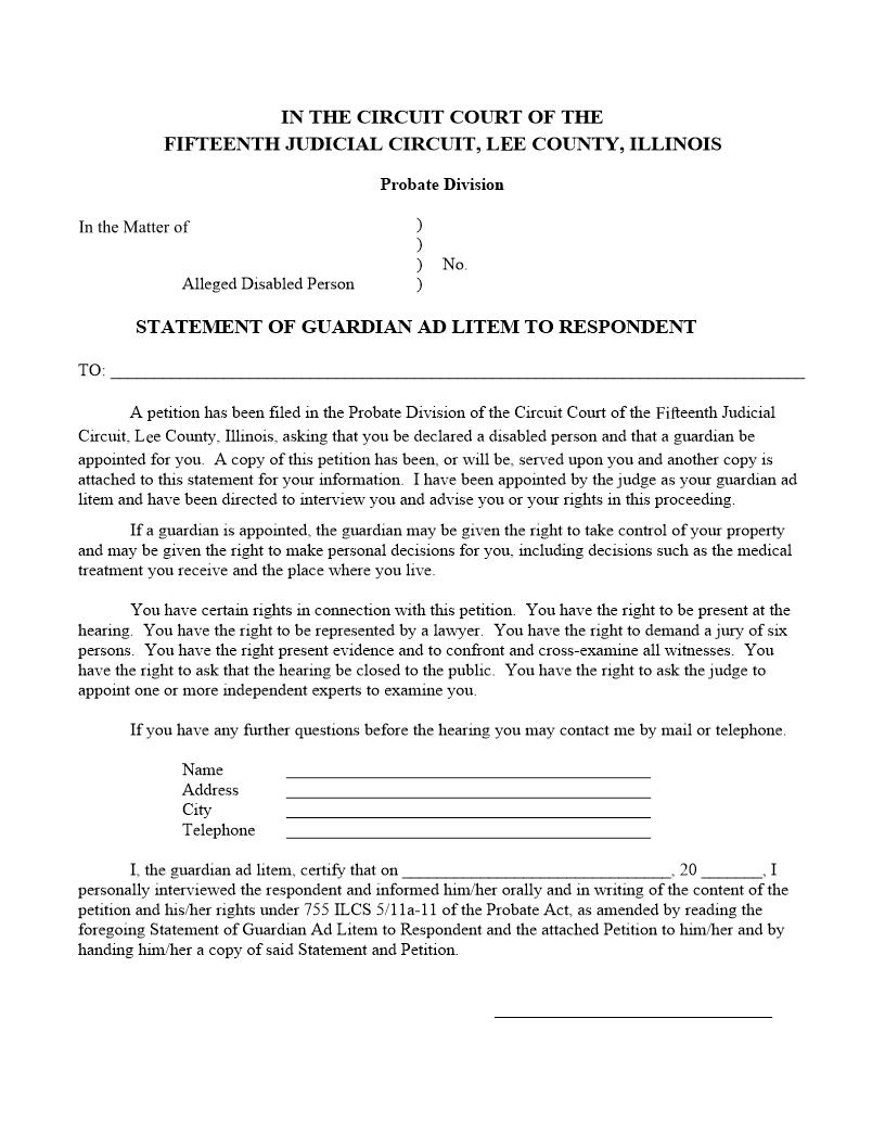 Statement Of Guardian Ad Litem To Respondent | Pdf Fpdf Docx | Illinois