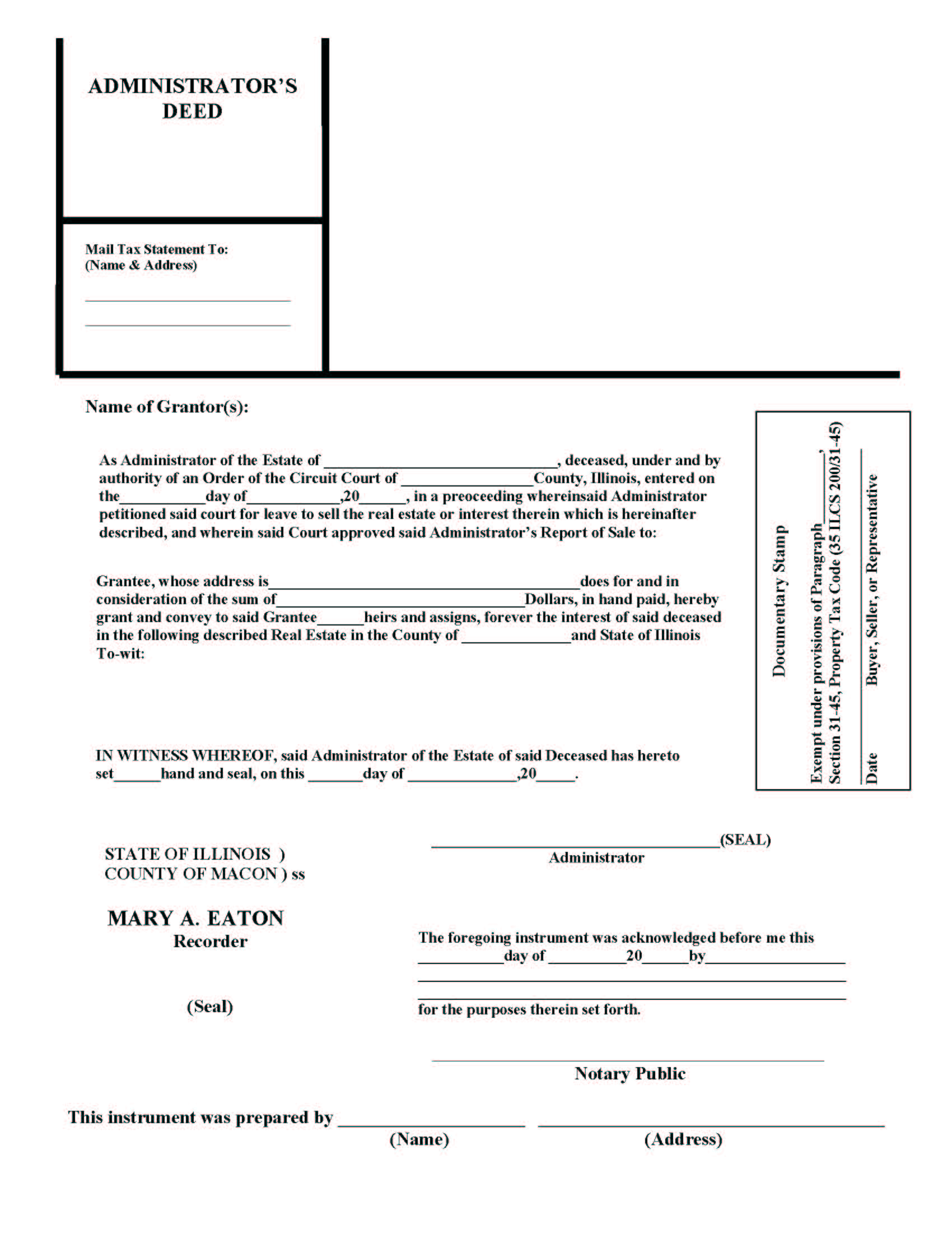 Administrators Deed | Pdf Fpdf Docx | Illinois