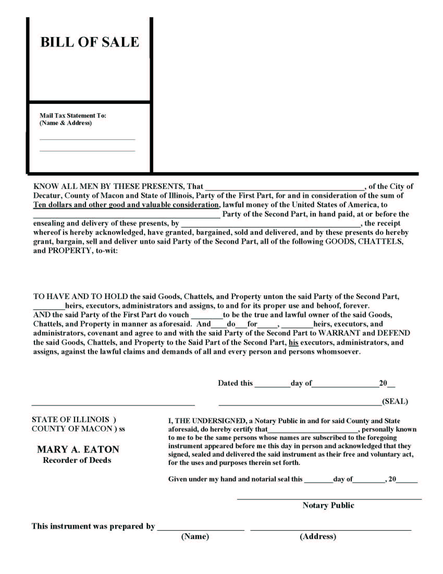 Bill Of Sale | Pdf Fpdf Docx | Illinois
