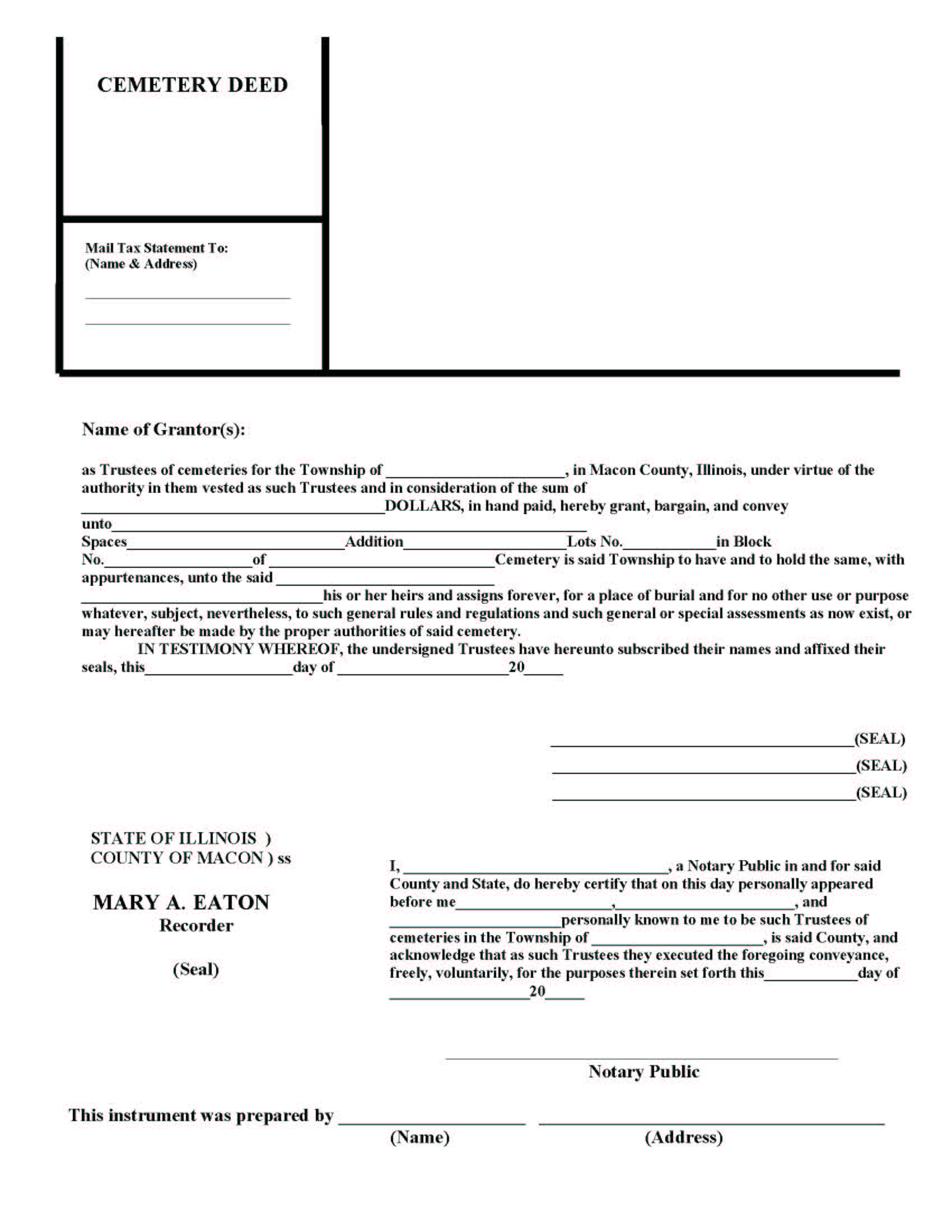 Cemetery Deed | Pdf Fpdf Docx | Illinois