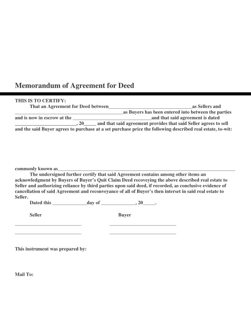 Memorandum Of Agreement For Deed | Pdf Fpdf Docx | Illinois