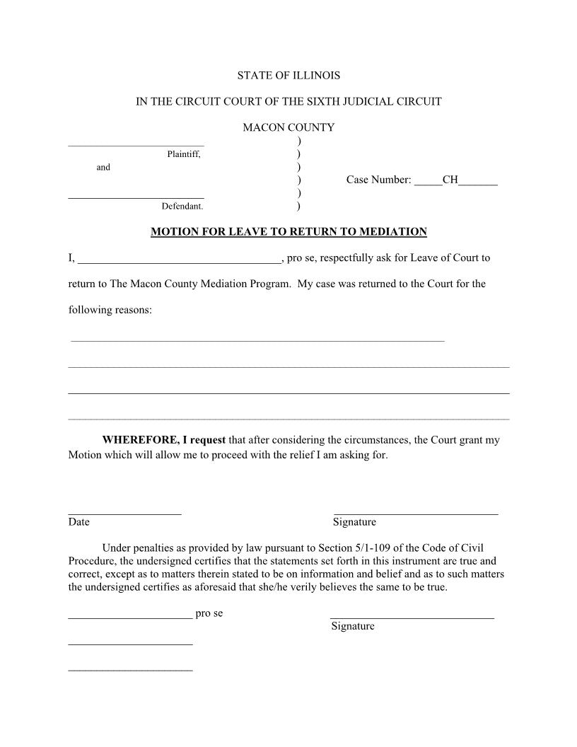 Motion For Leave To Return To Mediation (Pro Se) | Pdf Fpdf Docx | Illinois