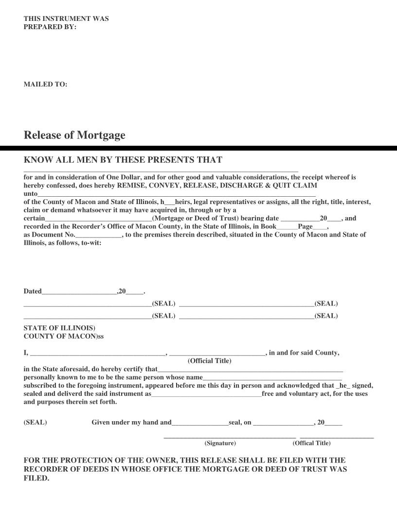 Release Of Mortgage | Pdf Fpdf Docx | Illinois