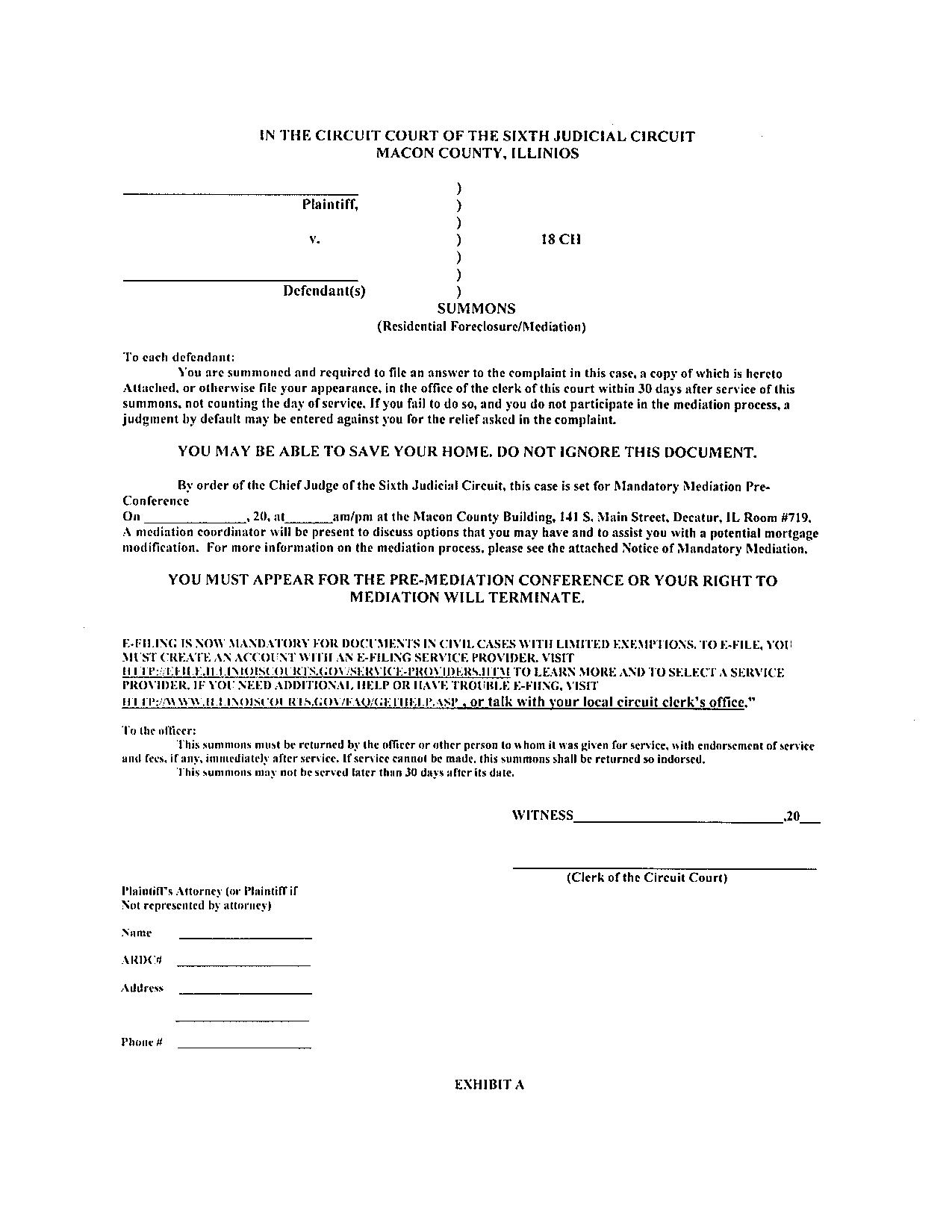 Summons (Residential Foreclosure-Mediation) | Pdf Fpdf Docx | Illinois