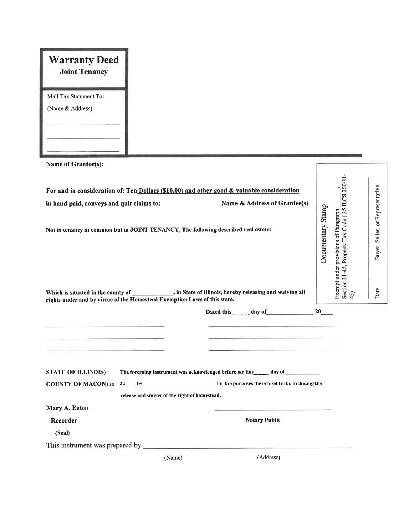 Warranty Deed Joint Tenancy | Pdf Fpdf Docx | Illinois