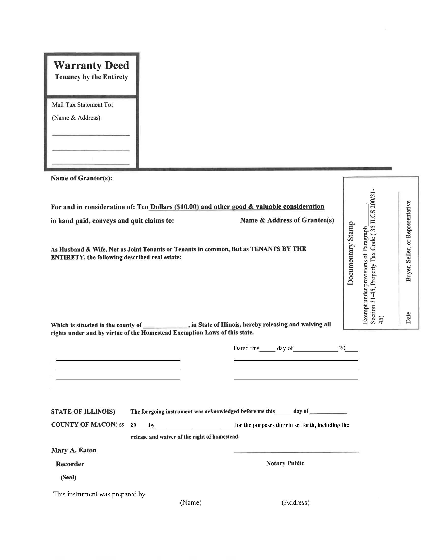 Warranty Deed Tenancy By Entirety | Pdf Fpdf Docx | Illinois