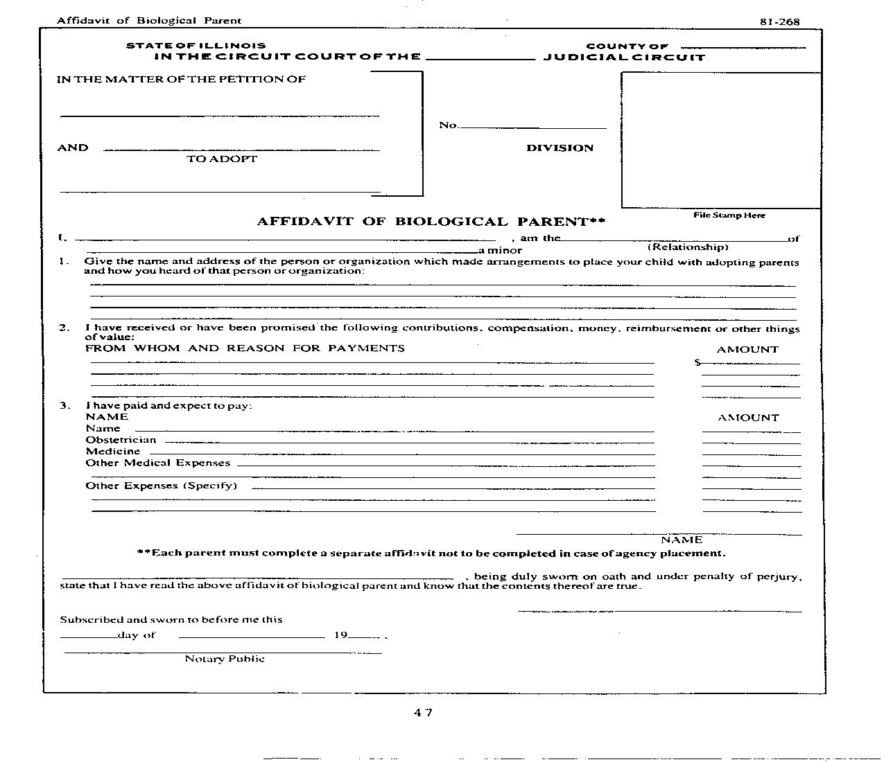 Affidavit Of Biological Parent |  | Illinois