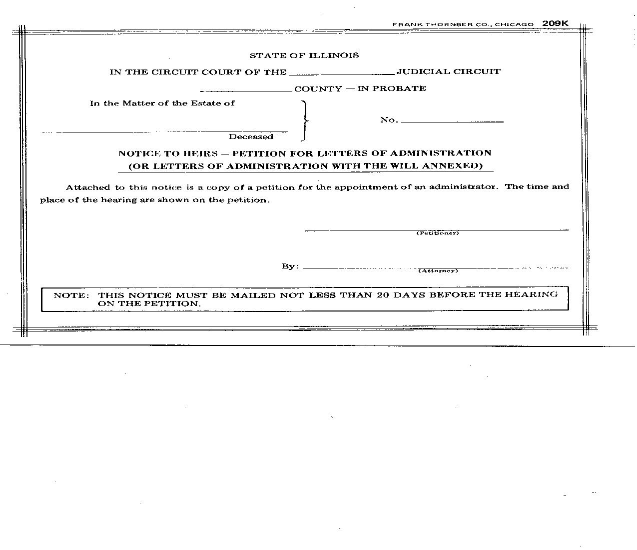 Notice To Heirs Petition For Letters Of Administration {209K} |  | Illinois