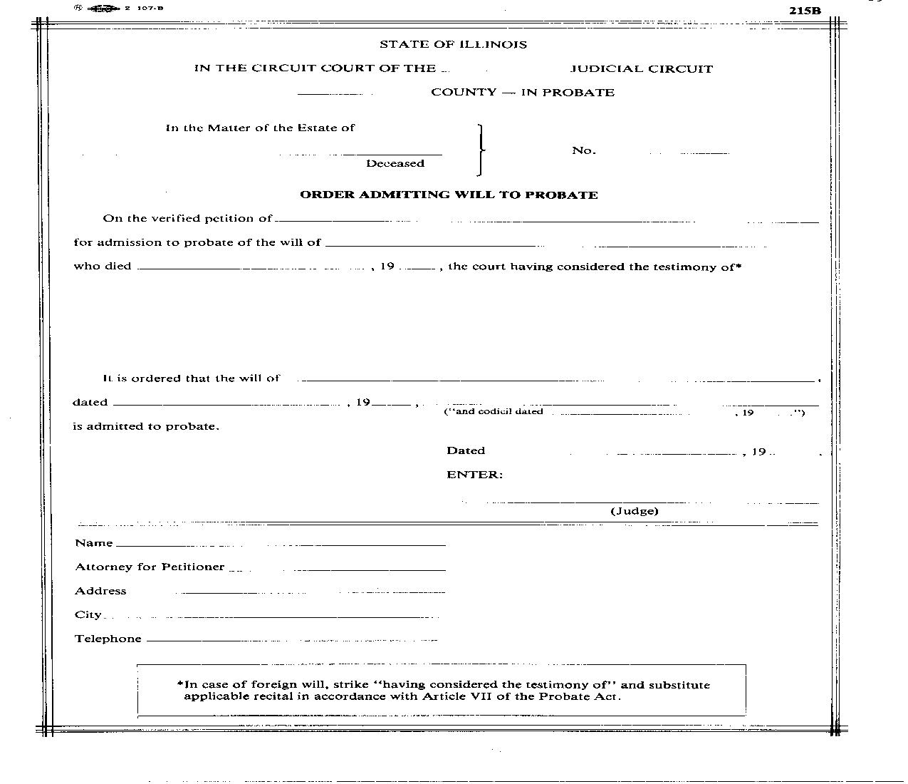 Order Admitting Will To Probate {215B} |  | Illinois