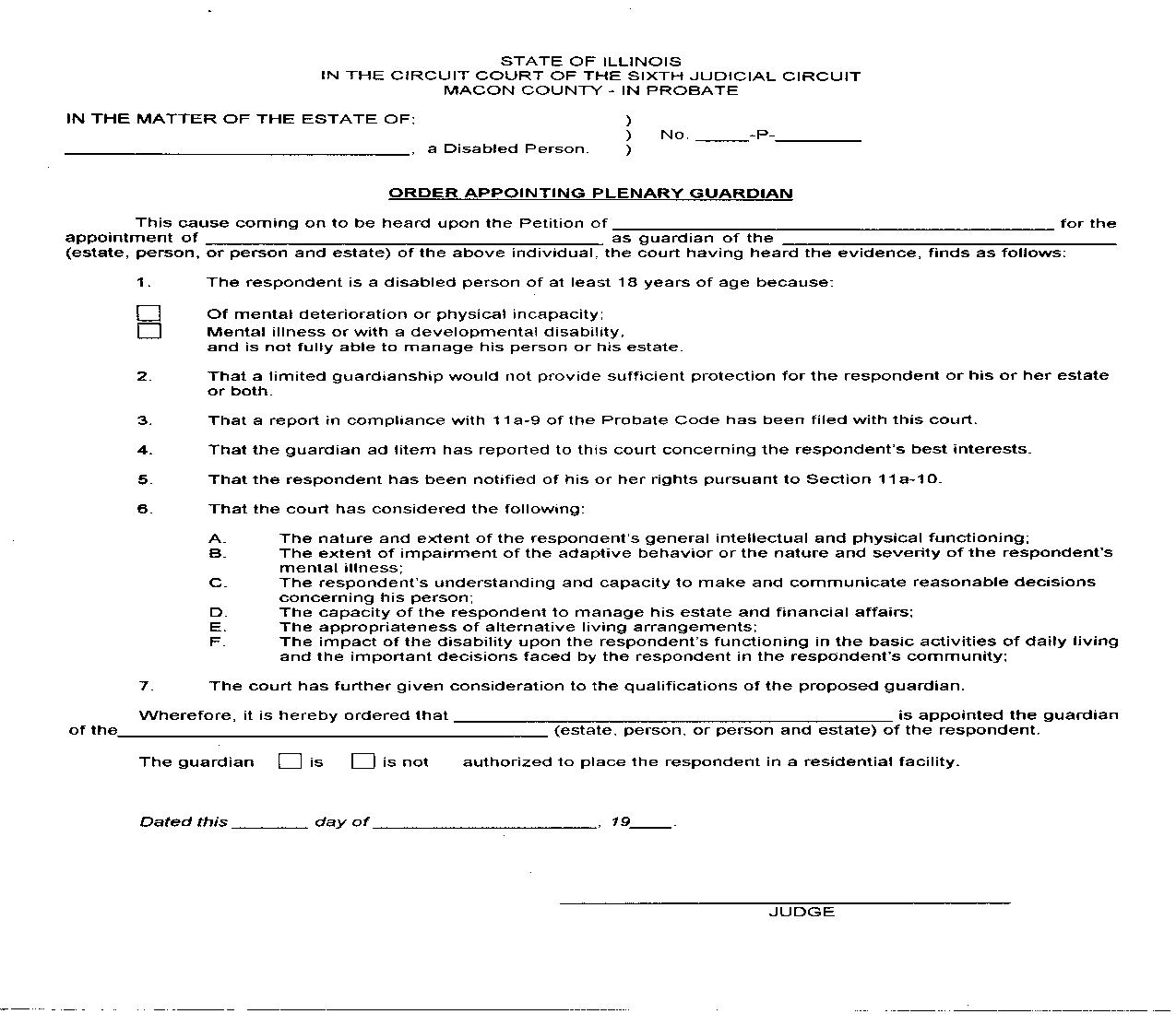 Order Appointing Plenary Guardian |  | Illinois