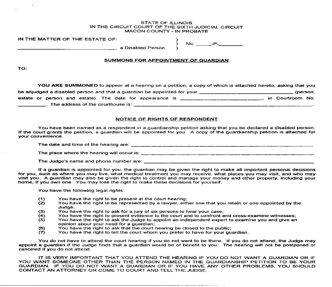 Summons For Appointment Of Guardian |  | Illinois
