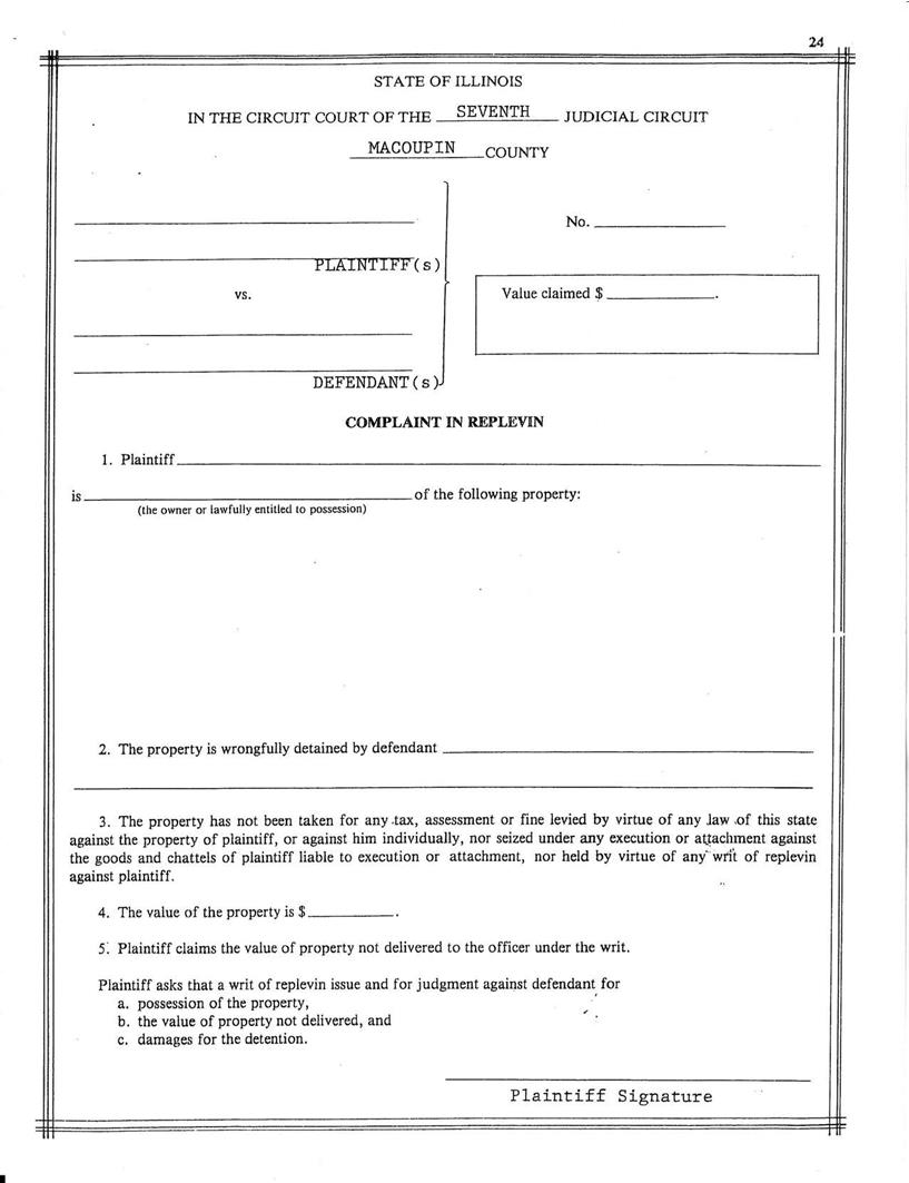 Complaint In Replevin | Pdf Fpdf Docx | Illinois